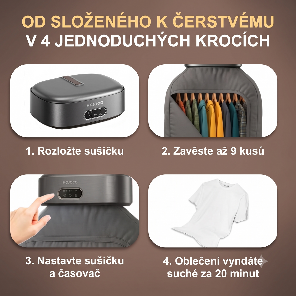 MOJOCO Přenosná sušička prádla – kompaktní, tichá, 600 W